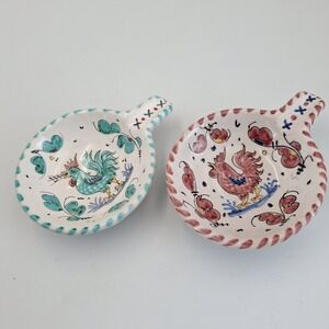 Vintage PV Italy Rooster Dipping Bowls Tea Bag Holders Hand‎ Painted Set Of 2
